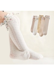 2pairs/lot Summer Kids Long Floral Bow Sock Knee High Thin Mesh Socks Hollow Out Soft Cotton Infant Sokin Baby Girls Socks