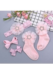 Baby Girl Lace Flower Headband Socks Set Cotton Baby Socks Newborn Socks Anti Slip Floor Socks Elastic Baby Hair Band