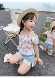 2pcs/set Kids Girl Clothes Sweet Little Flower Top Outer Clothes Lace Denim Shorts Fashion Causal Summer Princess Clothing Suit