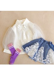 2pcs/set Kids Girl Clothes French Shirt Three-dimensional Butterfly Denim Skirt Fashion Casual Summer Children Clothing Suit