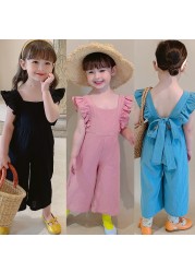 Summer Korean Cute Girls Jumpsuit Toddler Kids Open Back Sleeveless Clothes Wide Leg Pants