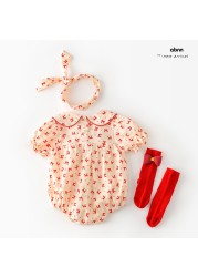 Baby Girl Summer Clothes Bow Print Crew Neck Cotton Short Sleeved Bodysuit Outfits Hair Band