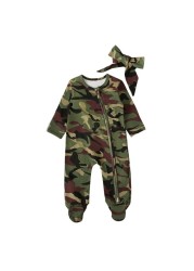 2pcs Infant Toddlers Baby Boys Long Sleeve Camouflage One-Piece Romper + Bow Tie Headband Baby Clothing Fittings 0-9M