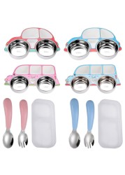 Children's Tableware Set Stainless Steel Dishes Baby Feeding Plate Spoon Fork Cute Cartoon Car Shape Bowl New Arrival