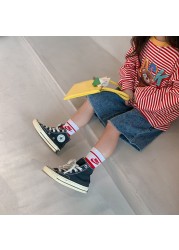 2022 Spring New Children's Wear Korean Girls T-shirt Striped Cartoon Printed Long Sleeve T-shirt 2-26