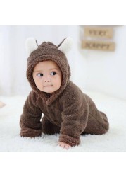 Winter Flannel Baby Boy Cartoon Animal 3D Bear Ear Warm Jumpsuit Newborn Baby Clothes Infant Romper 0-12M