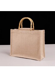 Portable Burlap Shopping Bag Jute Handbag Bamboo Ring Retro Carry Handles DIY Handbag Women Large Size Beach Bag for Girls