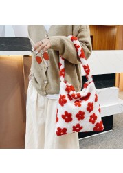 Stylish design plush flower pattern women tote bag handbags shoulder bag ladies large capacity simple fashion female bag