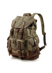 Men's Leather Backpack Large Capacity Tarpaulin Vintage Backpack For School Hiking Travel