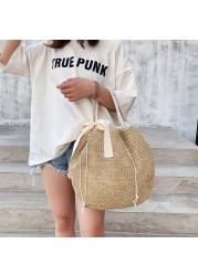Women's handmade woven straw bag shoulder bag with bow large capacity rattan handle bag female summer beach casual handbag