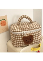 Cute Khaki Bear Makeup Bag Large Capacity Portable Cosmetic Bags Zipper Pure Cotton Plaid Brushes Pouch Case For Women Girls