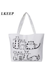 Women's Shopping Bag Cat Cartoon Printed Shoulder Bag Women Large Capacity Canvas Beach Bag Tote Ladies Shopping Bags