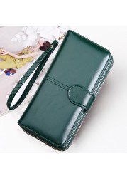 Leather Women Long Zipper Oil Wax Wallet Large Capacity Zipper Clip Wallet Ladies Long Wristlet Clutch Coin Card Holder Portomonee