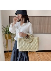 bohemian women summer beach woven straw handbag with round top handle travel vacation weave zipper large top basket bag