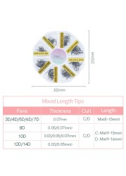 Pre-made Russian volume fan mixed length eyelash extension sharp tapered stem pre-made lashes extension thin root 3d/14d