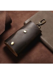 066F Cowhide Keychain Men Small Mini Key Holder Organizer Pouch Split Car Key Wallet Housekeeper Key Case for Adults