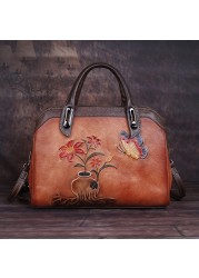 OYIXINGER Vintage Women Bag Genuine Leather Retro Women Shoulder Bags China Style Handmade Ladies Handbag Embossed Boston Bags