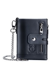 New Genuine Leather Men Wallet Brand Double Zipper Man Wallet Vintage Cowhide Male Card Coin Bag With Iron Chain