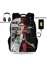 Oxford Paulo Dybala School Backpack, School Backpack with USB Cable and Shoulder Bag for Teenagers Girls Boys