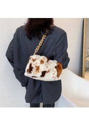 Fashion Women Winter Cloud Bag Cow Print Soft Plush Shoulder Bag Female Thick Chain Handbags 2021 Ladies Warm Fur Underarm Bags