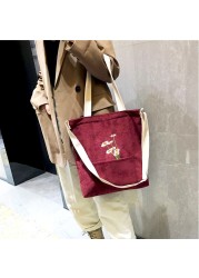 Women Shoulder Bag 2021 Cute Corduroy Tote Bag With Zipper Fashion Girl Shopper Bags Embroidery Mini Bags Daisies Crossbody