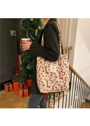 Women Corduroy Handbag New Fashion Floral Printing Large Capacity Canavs Shoulder Bag 2022 Summer Ladies Shopping Messenger Bag