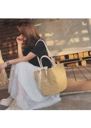 Women Woven Straw Drawstring Shoulder Bags Handmade Lady Summer Shoulder Bags Woven Handbags