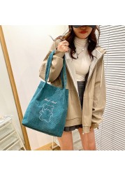 Women Corduroy Bear Pattern Shoulder Bag Autumn Winter Large Capacity Bucket Handbag Eco-friendly Foldable Shopper Bag