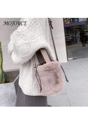 Fashionable Women Shoulder Bags Plush Drawstring Solid Color Casual Ladies Bag Bucket Shoulder Drawstring Handbags