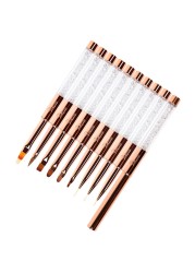 ANGNYA 9pcs/set Rose Gold Nail Art UV Gel Brush Set Pen Nail Art Builder Flat Crystal Painting Drawing Carving Pen Manicure Tool