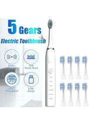 5 Mode Electric Toothbrush For Women Men Child With 6 Replacement Toothbrush Head USB Rechargeable Waterproof Sonic Toothbrush