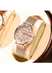 Swiss Brand POEDAGAR Women Watches Luxury Rose Gold Mesh Wristwatch Fashion Simple Waterproof Date Ladies Bracelet Watch Clock