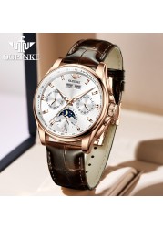 OUPINKE Luxury Men Watches Chronograph Automatic Mechanical Leather Watch Waterproof Sport Moon Phase Wristwatch montre homme