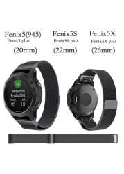 Quick Fit 26 22 20mm Watchband For Garmin Fenix ​​6X 5X 5 5s 3 3HR D2 S60 GPS Smart Watch Metal Band Magnetic Loop Wristband