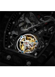 Aesop trending square flying tourbillon watch carbon fiber bezel mechanical men watches top quality red skeleton male watch