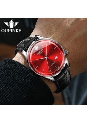 OUPINKE Swiss big brand automatic mechanical watch leather fashion luxury business casual waterproof sapphire calendar watch