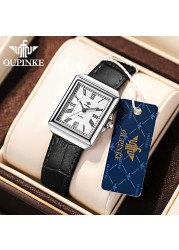 OUPINKE Luxury Brand Quartz Fashion Wrist Watch Casual Square Watch for Women Sapphire Leather Strap Dress Watch Ladies Gifts