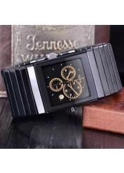 OUPAI 2021 New Arrival Rectangle Black Ceramic Quartz Watch Man Ultra-thin Timing Stop Watch Function Waterproof 35mm Wide