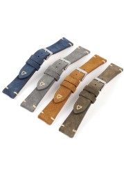 Vintage Suede Leather Watch Band 20mm 22mm Blue Brown Watch Strap Replacement Wristband Handmade Stitching Watchband