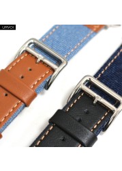 URVOI Band for Apple Watch Series 7 654321SE Jean Band with Genuine Leather Strap for iWatch Denim Design Canvas Wrist