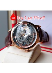 Rectangle Casual Watches Mens Skeleton Dial Calfskin Leather Band Rose Gold Watches Automatic Mens Watches Montre Homme VM