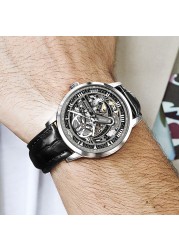 Top Brand OUPINKE Luxury Automatic Mechanical Watch for Men Sapphire Mirror Skeleton Hollow Leather Waterproof Wristwatch Clock