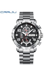 CRRJU Men's Watches Large Dial Waterproof Stainless Steel With Luminous Hands Date Sports Chronograph Watches Relogio Masculino