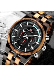 Kunhuang New Wooden Watch Men Luxury Chronograph Ebony Quartz Watch Blue Dial Metal Glass Mirror Wooden Box