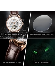 Original JSDUN Luxury Automatic Men's Watch Mechanical Leather Waterproof Brand Tourbillon Weekday Hollow Wristwatches