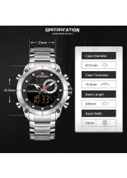 NAVIFORCE-ساعة رياضية رقمية للرجال ، كوارتز ، فولاذ كامل ، مقاومة للماء ، ذكر