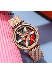 SANDA New Fashion Rotate Wheel Pattern Women's Watch Stainless Steel Waterproof Quartz Watch for Women Luxury Relogio Feminino