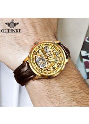 Top Brand OUPINKE Luxury Men's Mechanical Wristwatch Automatic Watch Men Classic Skeleton Leather Sapphire Waterproof