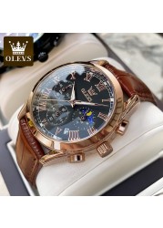 OLEVS Waterproof Corium Strap Men's Wristwatches Quartz Multifunction Three-eye Six Hand Fashion Luminous Men's Watches