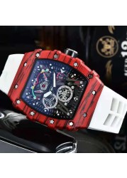 2022 full-featured 3 pin men's high quality Richard quartz watch hollow glass back stainless steel case black rubber watch